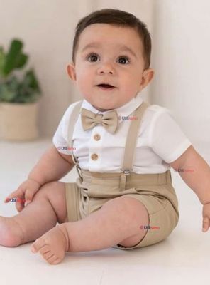 Conjunto De Vestir Con Tirantes Camisa Short Algodón Bebes Beige
