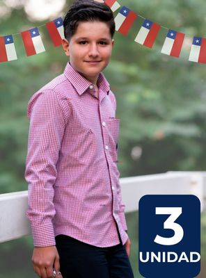 Pack 3 Camisa Huaso Cuadrillé Algodón Niño Juvenil Color Rojo