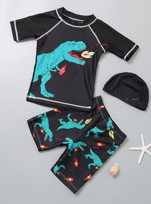 Traje De Baño Polera Manga Corta Pantalón Corto y Gorro 3 piezas Niño de 3 a 9 Años Dino