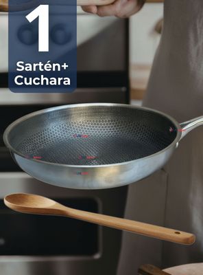 Sartén Acero Inoxidable Antiadherente 24cm +Cuchara de Madera Bambú