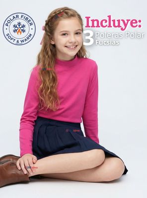 Imagen 2 del producto Pack 3 Polera Camiseta Polar Fucsia Primera Capa Cuello Beatle Mangas Largas Niña