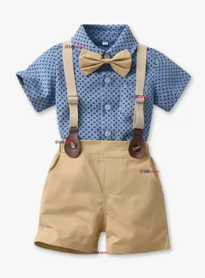 Conjunto de Vestir con Tirantes Camisa Azul Pantalón Corto Beige Algodón Bebe y Niño