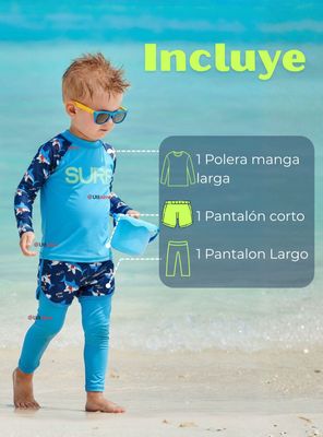 Imagen 2 del producto Traje De Baño Polera Manga Larga Con Pantalón Largo y Corto Niño de 3 a 11 Años Blue Surf