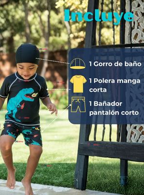 Imagen 2 del producto Traje De Baño Polera Manga Corta Pantalón Corto y Gorro 3 piezas Corte Split Niño de 3 a 9 Años Dino