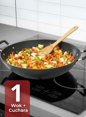 Wok Chino Acero Inoxidable Antiadherente 34cm + Cuchara de Madera de Bambú