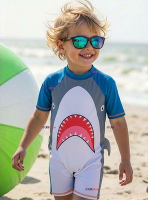 Traje de Baño Enterito Con Cremallera Manga Corta para Niño 2 a 6 años Gray Shark