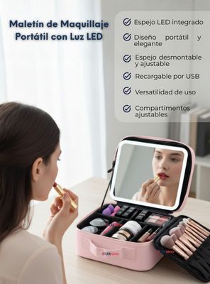 Imagen 2 del producto Estuche Maquillaje 2 en 1 Bolso Cosmetiquero Espejo Con Luz Led Organizador rosado 
