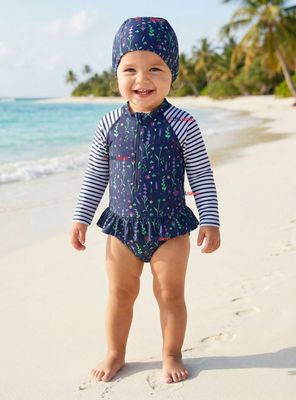 Imagen 1 del producto Traje de Baño Enterito Cremallera Manga Larga Con Gorro Niña 1 a 8 años Blue Flowers