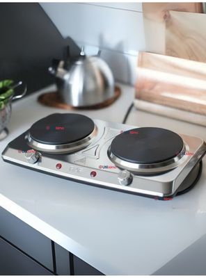Cocina Eléctrica Portátil 2 Platos 2000W de Potencia de Acero Inoxidable