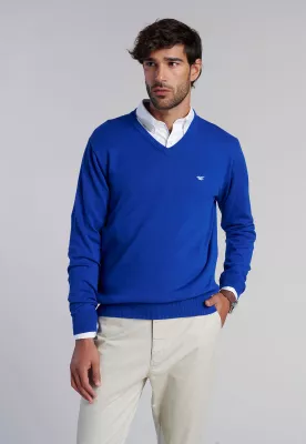 Sweater V Neck Solido F Blue