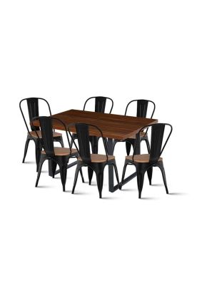 Comedor Industrial 140x90 Oscura + 6 Sillas Tolix Negras con Asiento de Madera Oscura Walnut