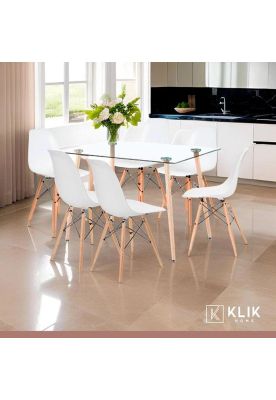 Imagen 2 del producto Comedor Mesa de Vidrio Rectangular 120x80 + 6 Sillas Eames Blancas
