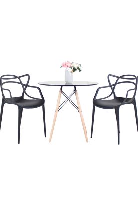 Imagen 1 del producto Comedor Terraza - 2 Sillas Master Negras y Mesa Eames de Vidrio 80cm