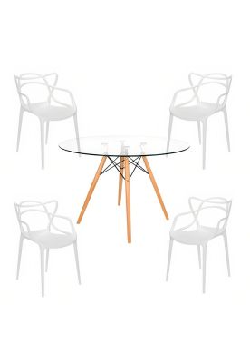 Comedor Mesa Eames Vidrio 80cm - 4 Sillas Master Blancas