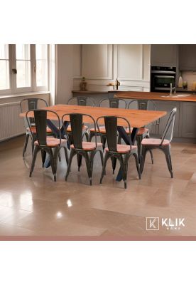 Imagen 2 del producto Comedor Color Madera y Metal Cross 180x90 + 8 sillas Tolix con asiento de madera Oscura - Negras