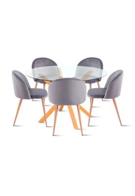 Comedor redondo de vidrio Cross 120cm + 5 Silla Sitial Acolchado Nórdica Bread - Gris