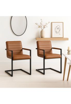 Imagen 2 del producto Pack de 2 Sillas Industriales de Cuero Sintético Marrón con Base Metálica – Café