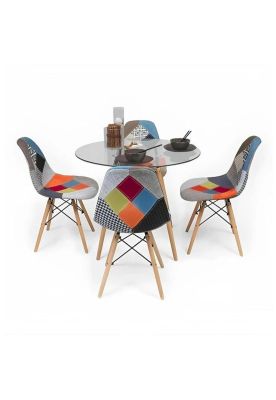 Imagen 1 del producto Comedor Mesa Eames Vidrio 80cm + 4 Sillas Eames Patchwork Tr