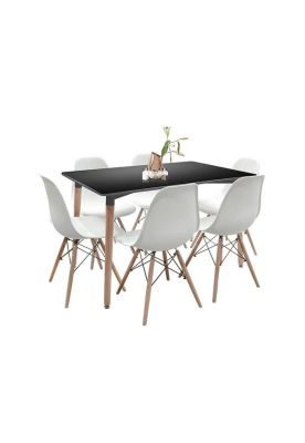 Comedor Mesa Rectangular Negra + 6 Sillas Eames Blancas