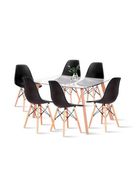 Comedor Mesa de Vidrio Nórdica 140x90 cm + 6 Sillas Eames Negras