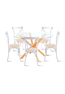Comedor redonda vidrio Cross 120cm + 5 Silla Crossback Madera Blanca