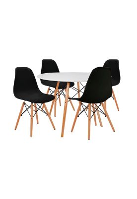 Imagen 1 del producto Comedor Mesa Eames Redonda Blanca 80cm + 4 Sillas Eames Negras
