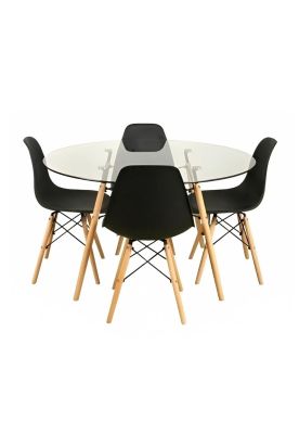 Comedor Mesa Eames Vidrio 100cm + 4 Sillas Eames Negras