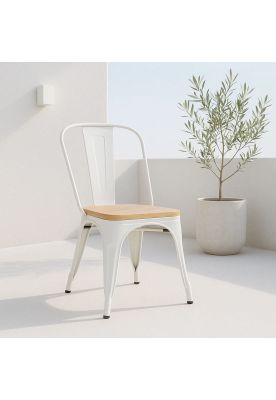 Imagen 2 del producto Silla Tolix con asiento de madera clara - Blanca