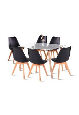 Comedor Mesa de Vidrio Nórdica 140x90 cm + 6 Sillas Tulip Negras