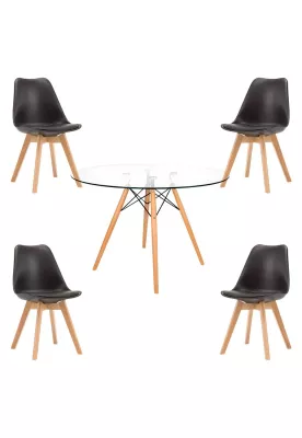 Comedor Mesa Eames Vidrio 100 cm + 4 Sillas Tulip Negras