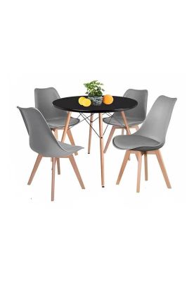 Comedor mesa Eames redonda negra 80cms + 4 sillas Tulip gris