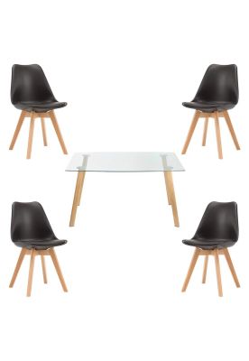 Comedor Mesa de Vidrio Nórdica 140x90 cm + 4 Sillas Tulip Negras