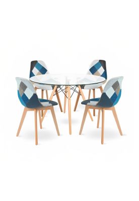 Comedor Mesa Eames Redonda vidrio 100cm + 4 Sillas Eames Patchwork Tela Wood Celeste