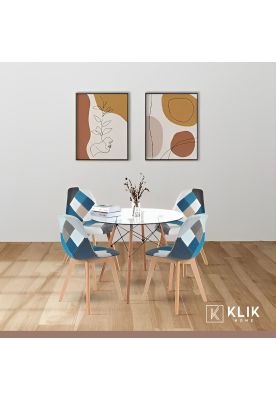 Imagen 2 del producto Comedor Mesa Eames Redonda vidrio 100cm + 4 Sillas Eames Patchwork Tela Wood Celeste