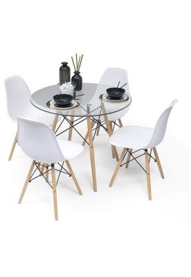 Comedor Mesa Eames Vidrio 80cm + 4 Sillas Eames Blancas