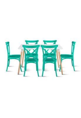 Comedor Rectangular Blanca 120x80cms + 6 Silla Crossback Danubio Menta