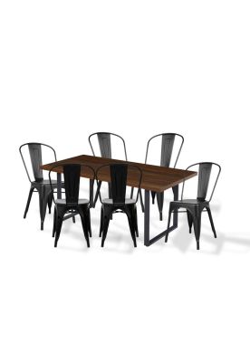 Comedor Industrial 160x90 Madera Oscura Walnut + 6 Sillas Tolix Negras