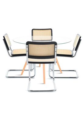 Comedor Mesa Eames 80cm redonda vidrio + 4 Sillas Breuer Madera - Negra