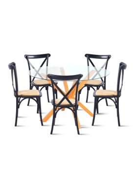 Comedor redonda de vidrio Cross 120cm + 5 Silla Crossback Madera Negra