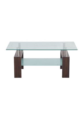 Mesa de centro para living rectangular de vidrio y madera oscura