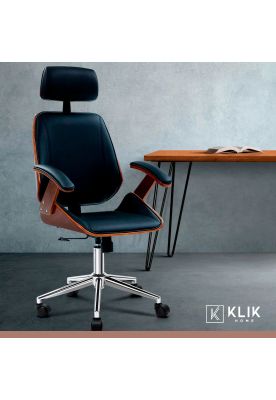 Imagen 2 del producto Silla oficina cuero negra con apoyabrazos madera y respaldo cabeza