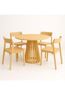 Imagen 1 del producto Comedor Mesa Redonda 100cm Madera Natural Base Estilo Rejilla + 4 Silla Madera Rover Viena Natural