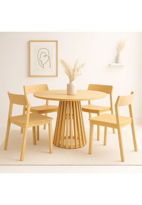 Imagen 2 del producto Comedor Mesa Redonda 100cm Madera Natural Base Estilo Rejilla + 4 Silla Madera Rover Viena Natural