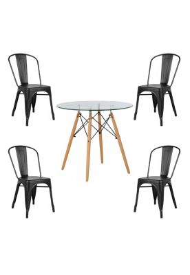 COMEDOR MESA REDONDA VIDRIO 80CM + 4 SILLAS TOLIX NEGRAS