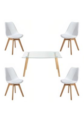 Comedor Mesa de Vidrio Nórdica 140x90 cm + 4 Sillas Tulip Blancas