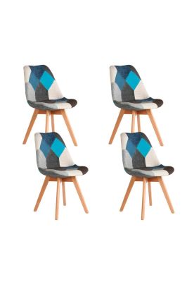 Pack de 4 Sillas Eames Patchwork Acolchada Tela Wood - Celeste