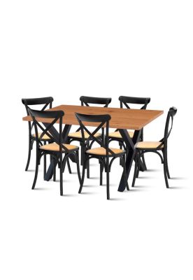 Comedor Mesa Color Madera y Metal Cross 140x90 + 6 Sillas Crossback Madera Rattan Negra