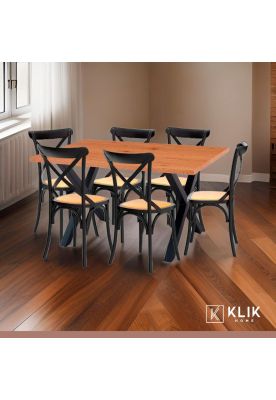 Imagen 2 del producto Comedor Mesa Color Madera y Metal Cross 140x90 + 6 Sillas Crossback Madera Rattan Negra