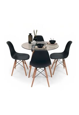 Comedor Mesa Eames Vidrio 80cm + 4 Sillas Eames Negras