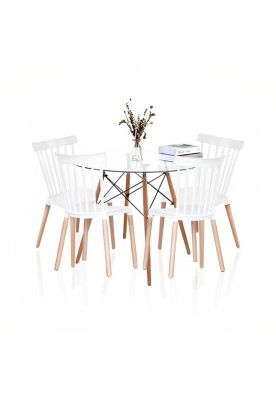 Comedor Mesa Eames Redonda vidrio 80cm + 4 Sillas Windsor Blancas